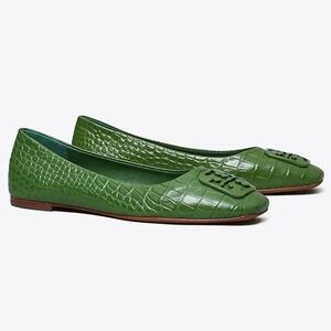 Brand New In Box TORY BURCH Georgia Ballet Flats Croc Embossed Green Arugula US9